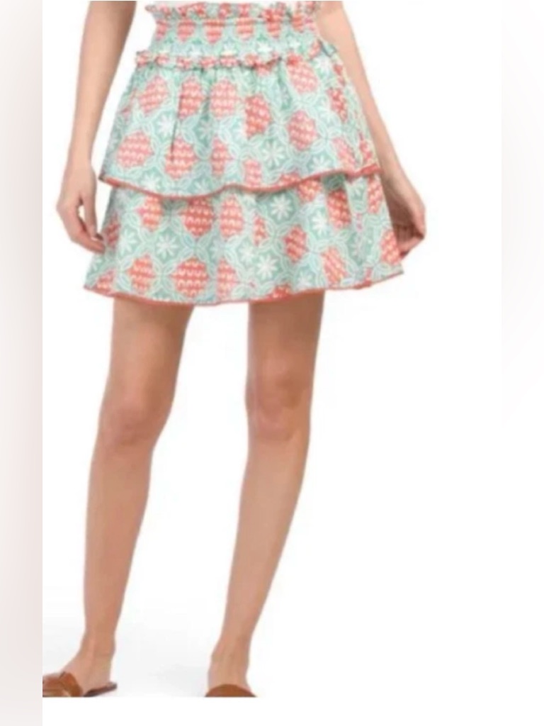 Marea Womens Cotton Floral Smocked Waist A-Line Ruffled Skirt Green Sz M